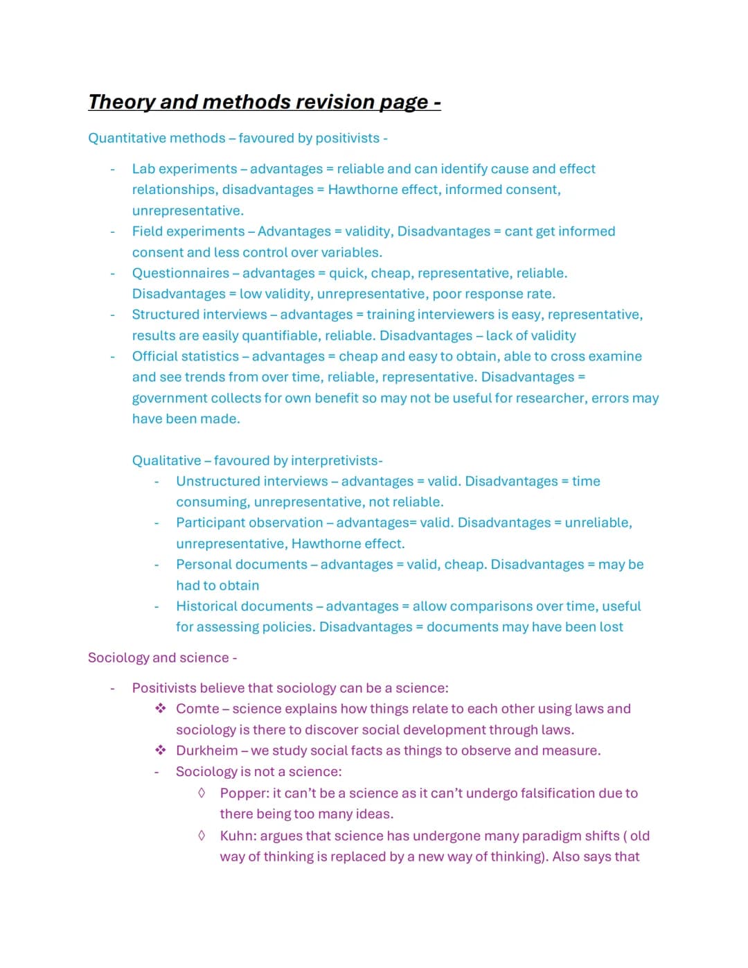 Theory and methods revision page -
Quantitative methods - favoured by positivists -
-
-
-
Lab experiments - advantages = reliable and can id