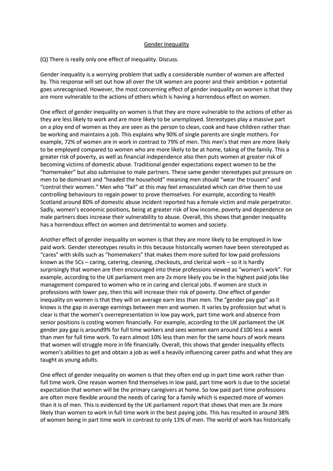 Gender Inequality Essay for KS2 - Higher Modern Studies Examples