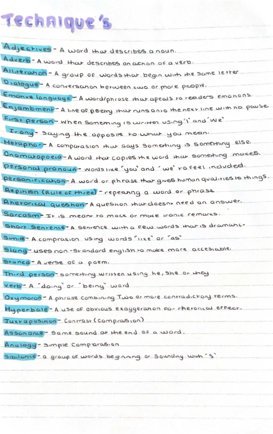 # Technique's

Adjectives-A word that describes a noun..

Adverb-A word that describes an acnon of a verb.

Alliterahon-A group of words tha