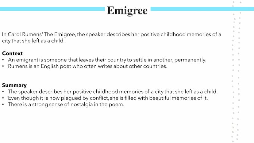 
<p>In Carol Rumens' "The Emigree," the speaker describes her positive childhood memories of a city that she left as a child. Rumens, an Eng