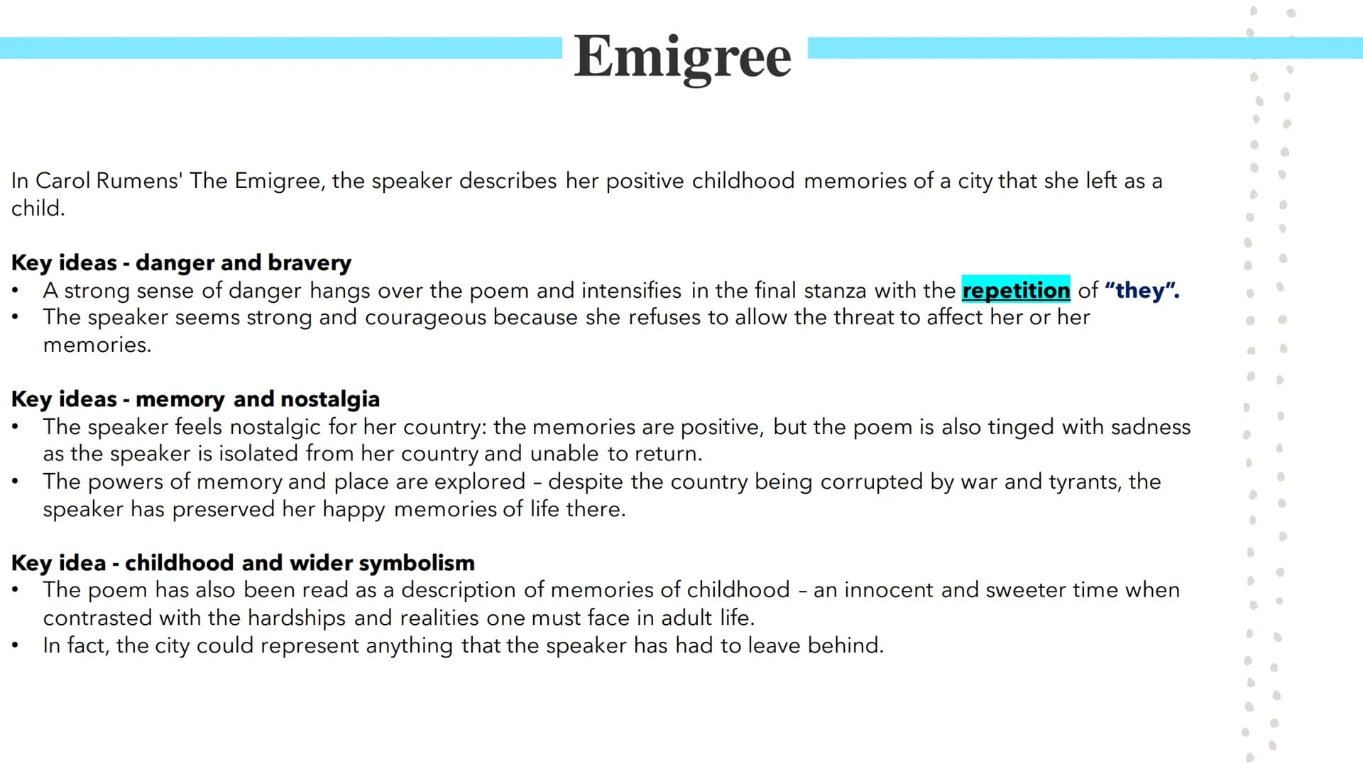 
<p>In Carol Rumens' "The Emigree," the speaker describes her positive childhood memories of a city that she left as a child. Rumens, an Eng