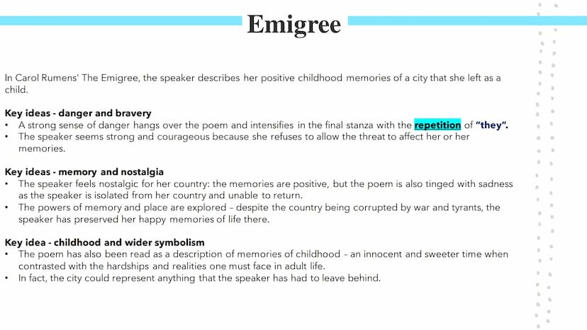 
<p>In Carol Rumens' "The Emigree," the speaker describes her positive childhood memories of a city that she left as a child. Rumens, an Eng