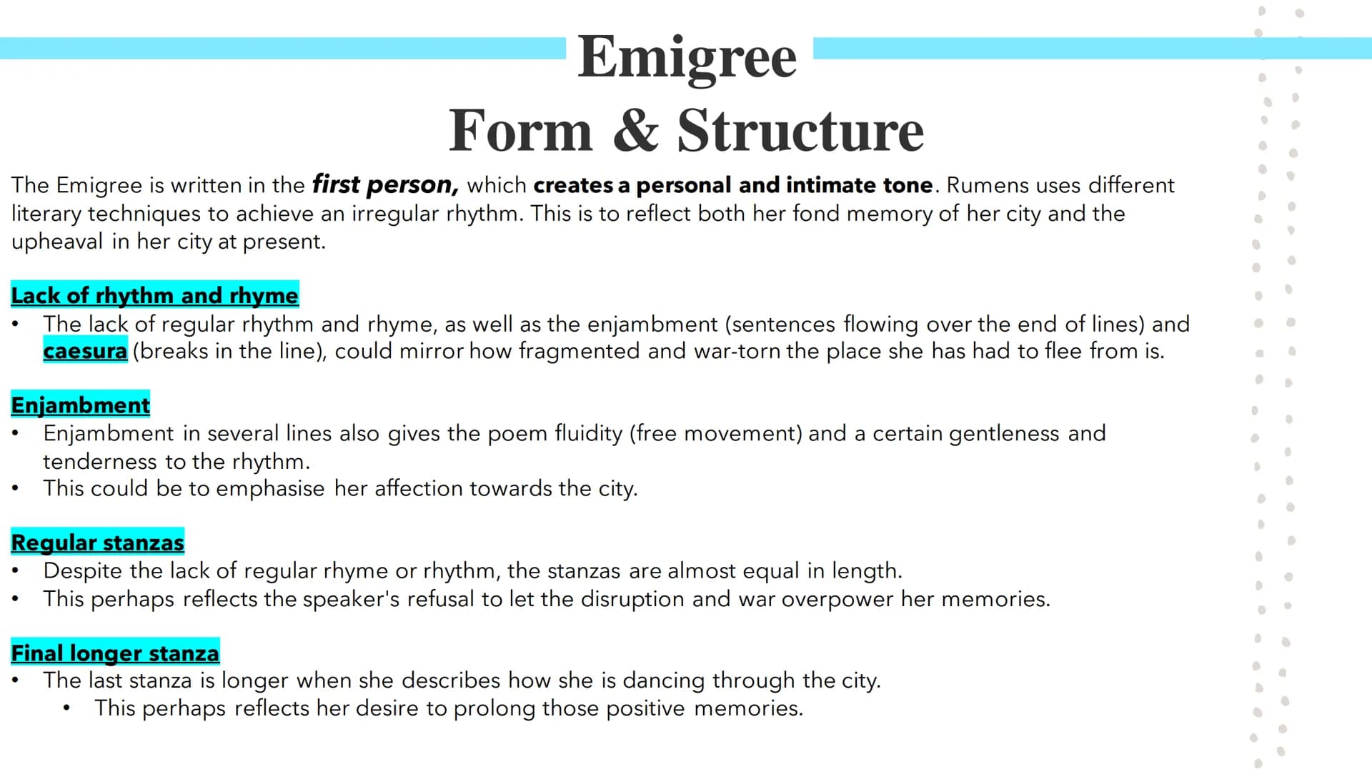 
<p>In Carol Rumens' "The Emigree," the speaker describes her positive childhood memories of a city that she left as a child. Rumens, an Eng