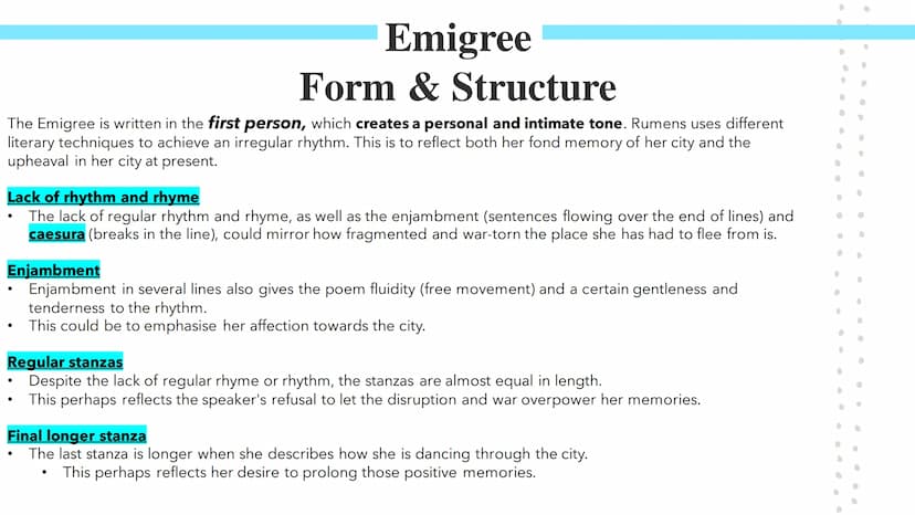 
<p>In Carol Rumens' "The Emigree," the speaker describes her positive childhood memories of a city that she left as a child. Rumens, an Eng