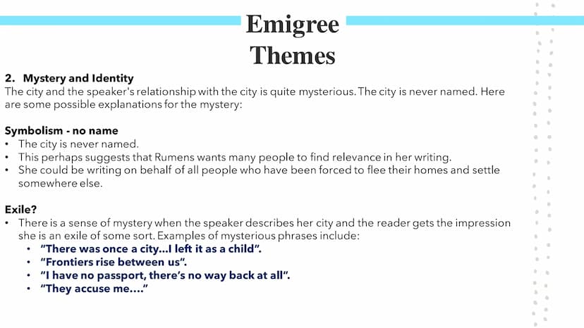 
<p>In Carol Rumens' "The Emigree," the speaker describes her positive childhood memories of a city that she left as a child. Rumens, an Eng