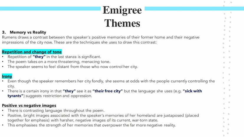 
<p>In Carol Rumens' "The Emigree," the speaker describes her positive childhood memories of a city that she left as a child. Rumens, an Eng
