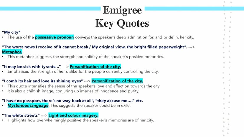
<p>In Carol Rumens' "The Emigree," the speaker describes her positive childhood memories of a city that she left as a child. Rumens, an Eng