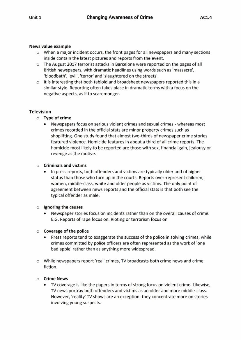 Unit 1
AC1.4 - Describe the media representations of crime
Key Terms:
Tabloid
o 'popular' press - small pages, many pictures, short stories 