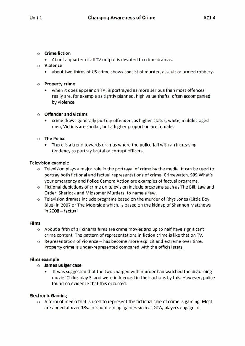 Unit 1
AC1.4 - Describe the media representations of crime
Key Terms:
Tabloid
o 'popular' press - small pages, many pictures, short stories 