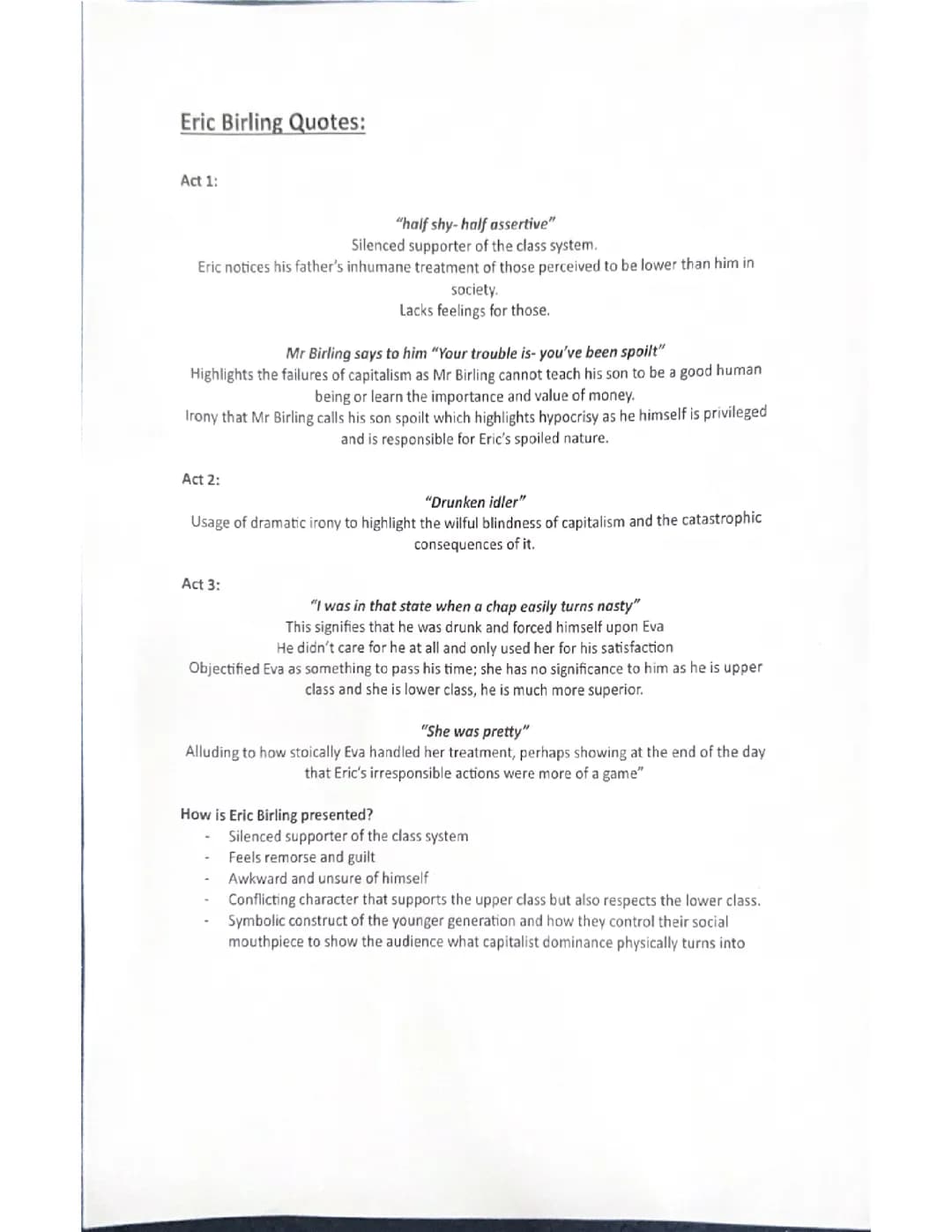 Grade 9 Eric Birling Analysis