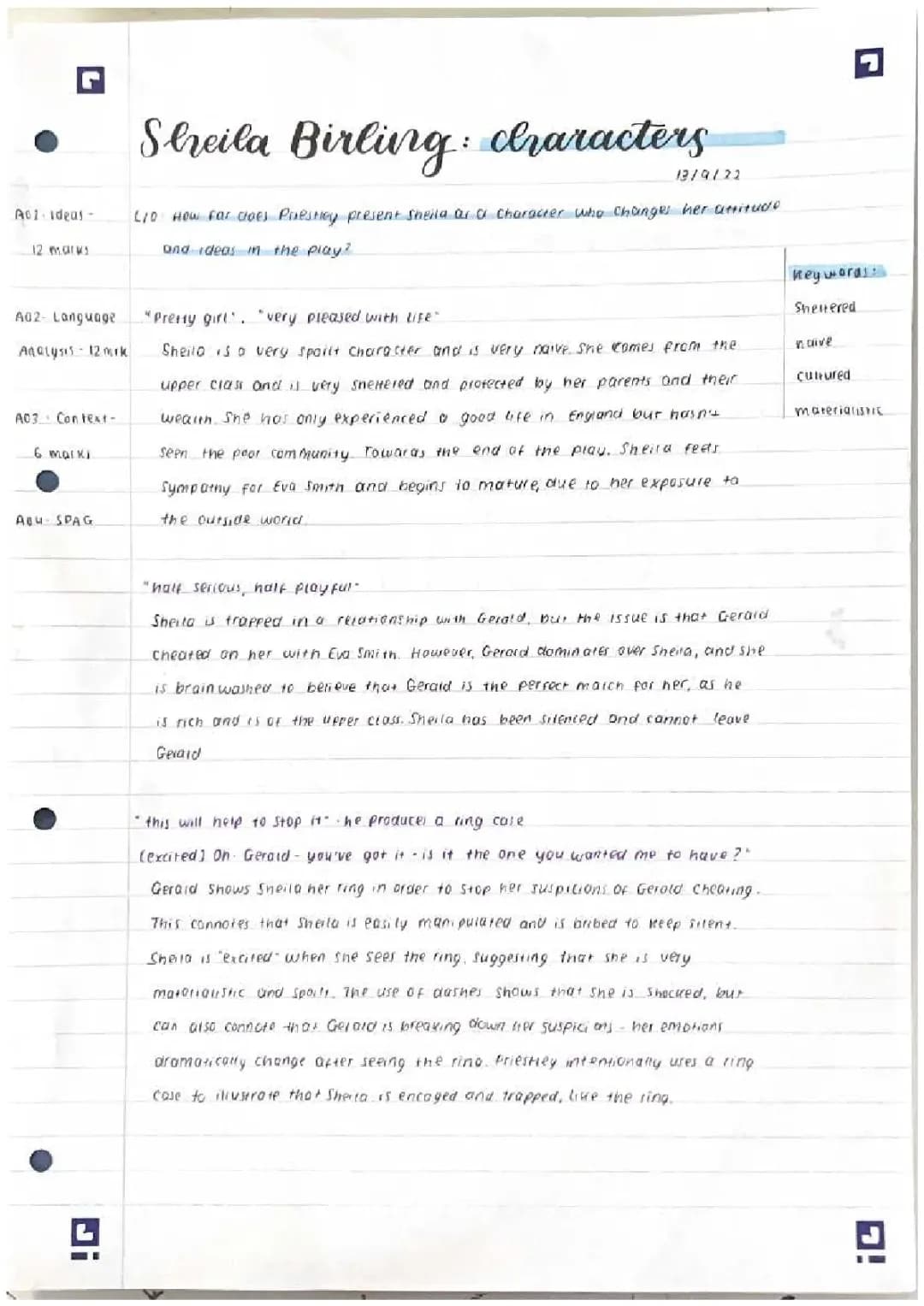Sheila Birling Quotes and Character Analysis in An Inspector Calls