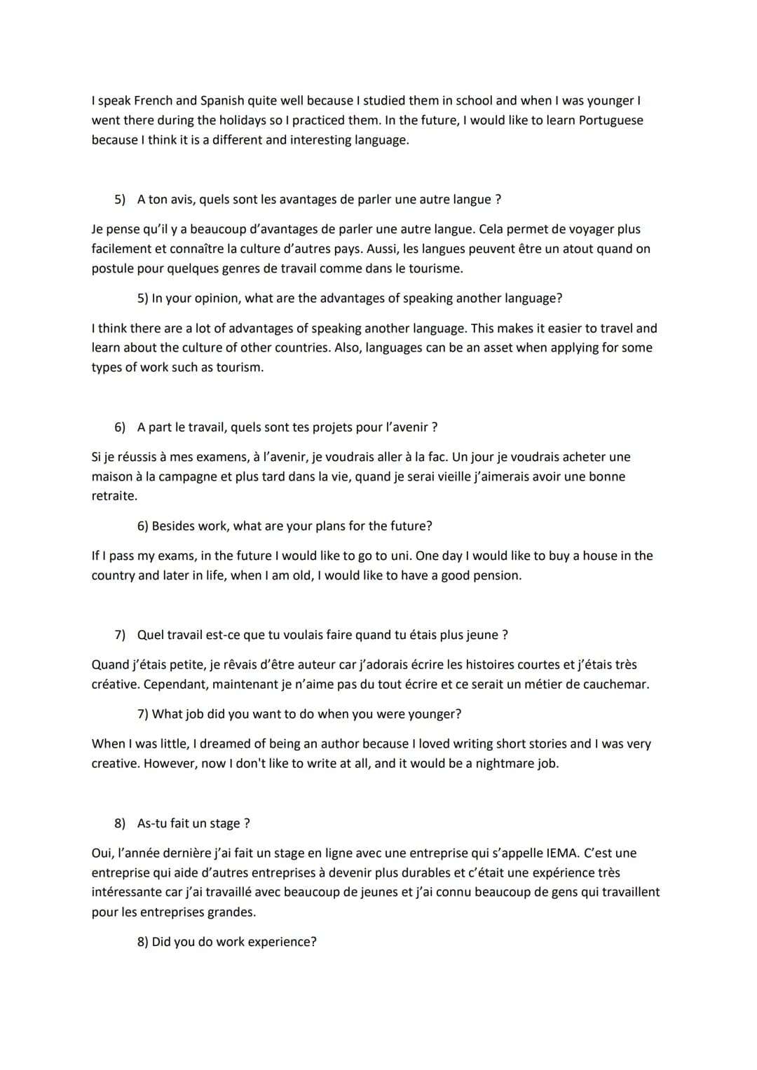 GCSE French speaking- Conversation Questions and Answers
Topic: Future aspirations, study and work
1) Qu'est-ce que tu voudrais faire plus t