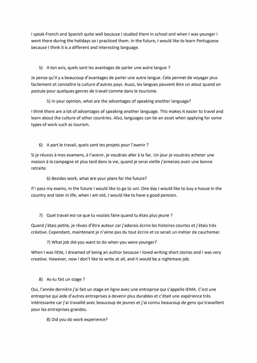GCSE French speaking- Conversation Questions and Answers
Topic: Future aspirations, study and work
1) Qu'est-ce que tu voudrais faire plus t
