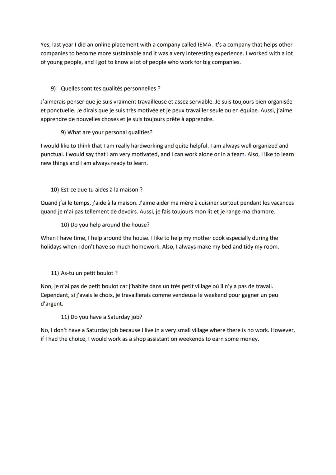 GCSE French speaking- Conversation Questions and Answers
Topic: Future aspirations, study and work
1) Qu'est-ce que tu voudrais faire plus t
