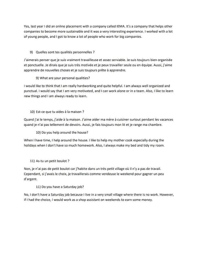 GCSE French speaking- Conversation Questions and Answers
Topic: Future aspirations, study and work
1) Qu'est-ce que tu voudrais faire plus t