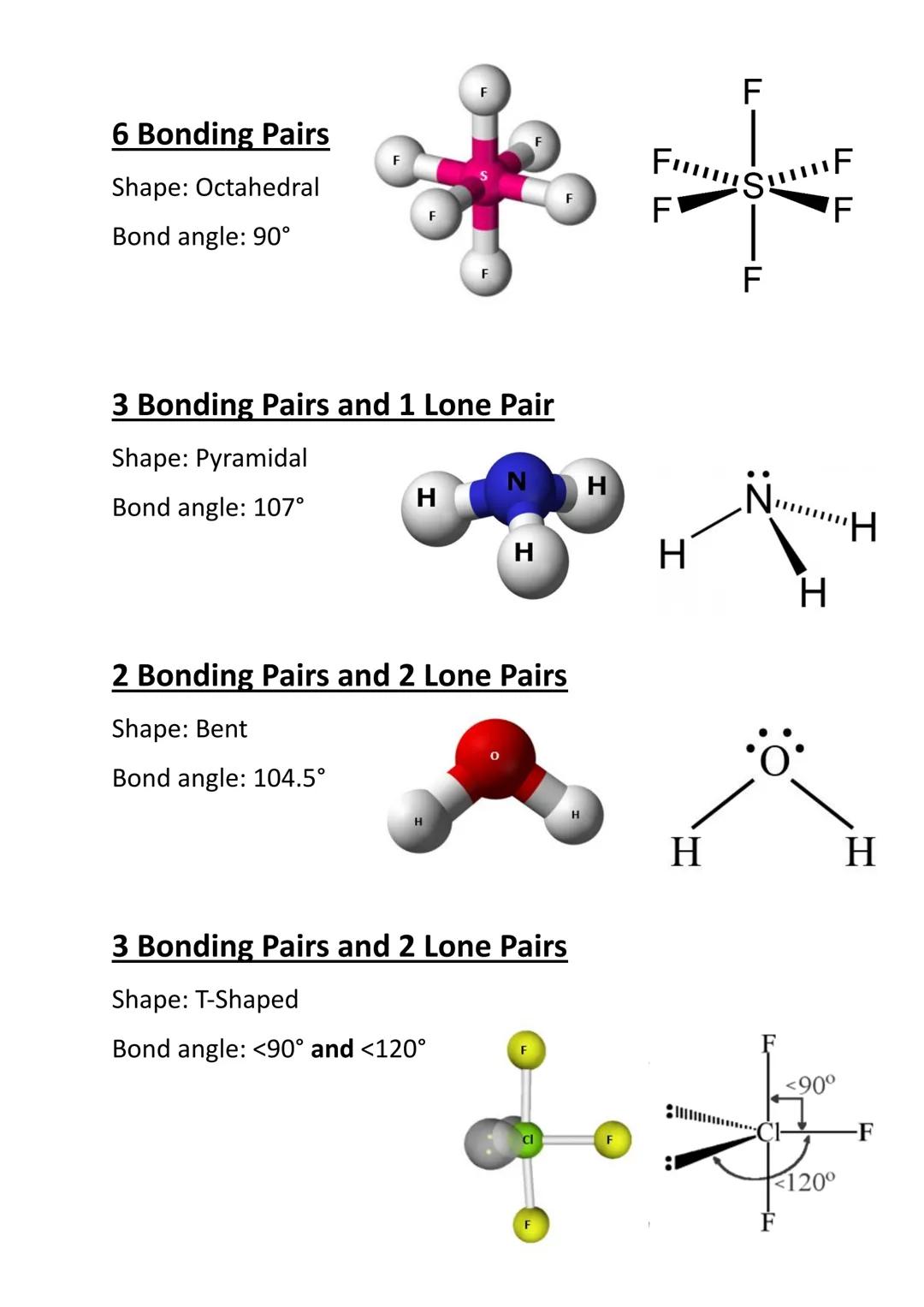 2 Bonding Pairs
Shape: Linear
Bond angle: 180°
3 Bonding Pairs
Shape: Trigonal Planar
Bond angle: 120°
4 Bonding Pairs
Shape: Tetrahedral
Bo