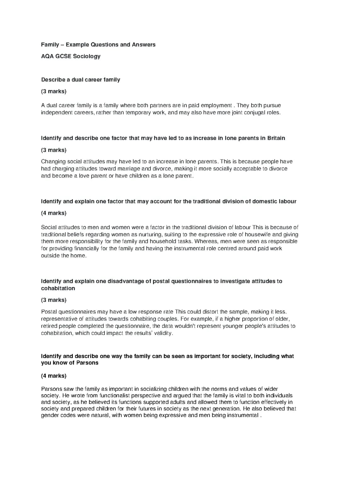 GCSE Sociology: Symmetrical Families & Domestic Labour Questions PDF