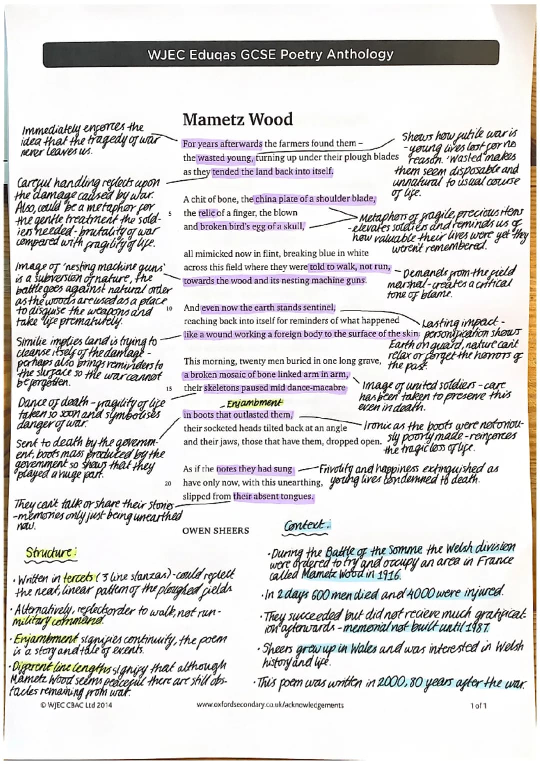 WJEC Eduqas GCSE Poetry Anthology
Immediately enforces the
idea that the tragedy of war
never leaves us.
Careful handling reflects upon
the 