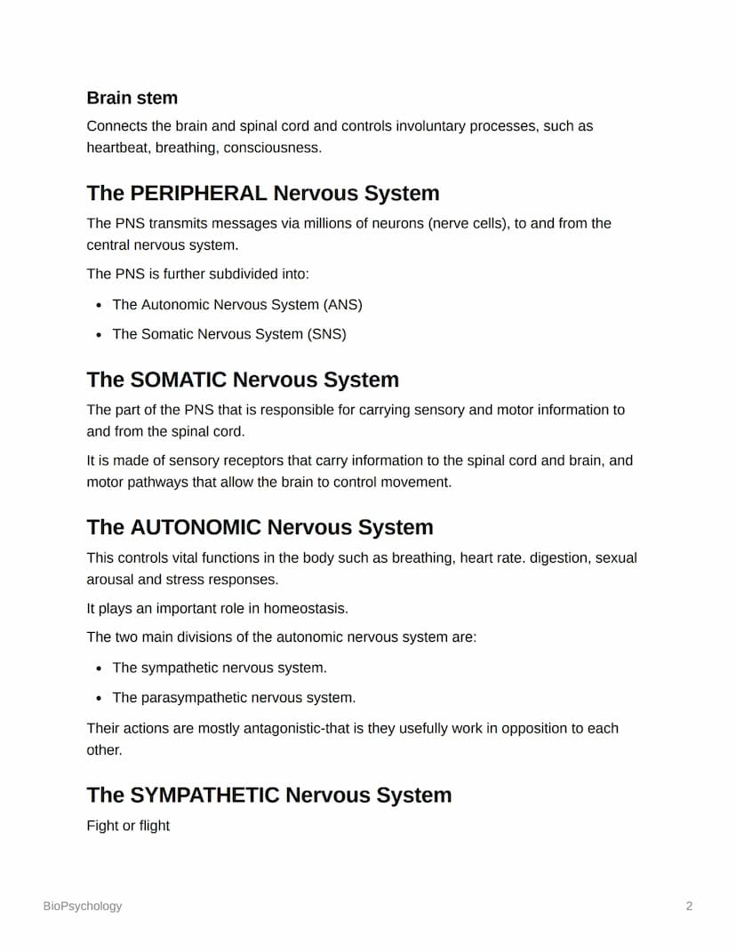 BioPsychology
Biopsyc Revision
The Nervous System
The nervous system is a specialised network of cells in the human body and is our
primary 