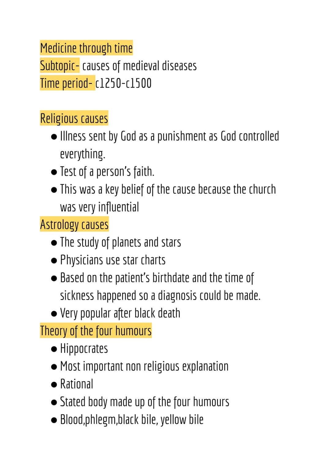 Medicine through time
Subtopic-causes of medieval diseases
Time period- c1250-c1500
Religious causes
• Illness sent by God as a punishment a
