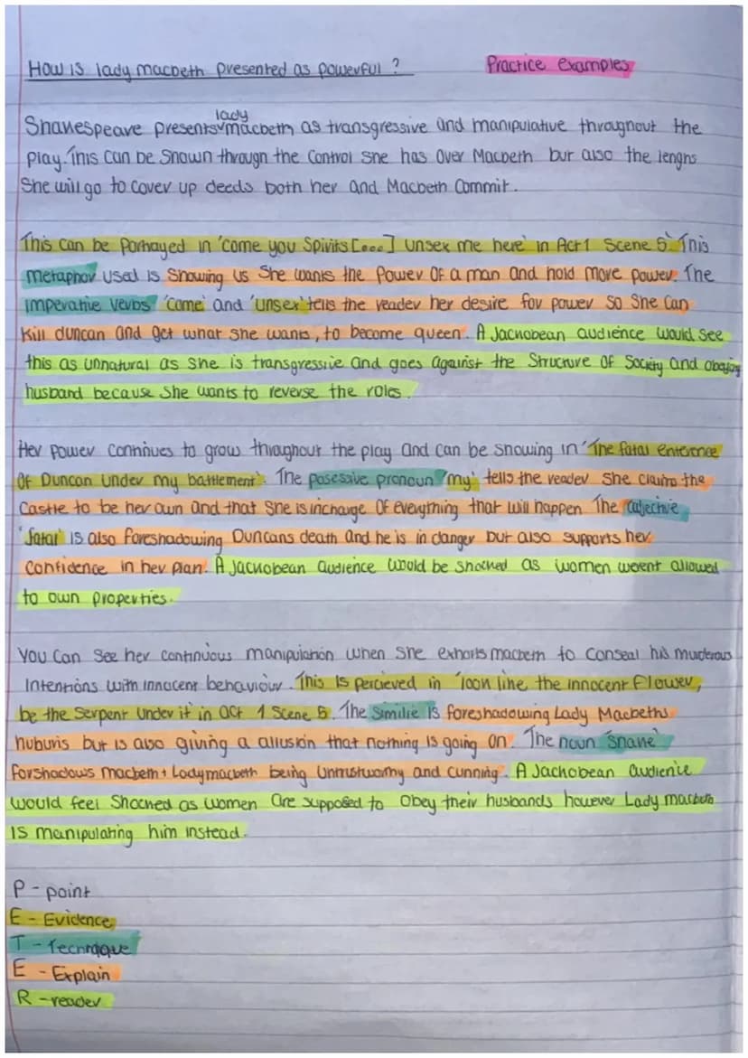 
<p>In Act 1, Lady Macbeth is portrayed as powerful and manipulative, exerting control over Macbeth. This is evident in the quote, "Out, dam