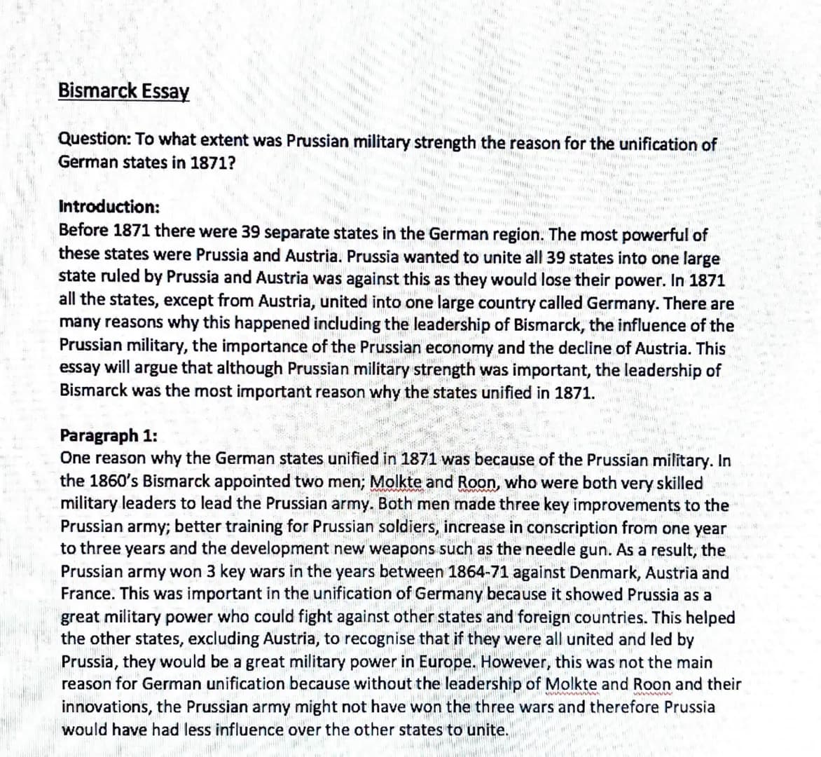 www
Bismarck Essay
Question: To what extent was Prussian military strength the reason for the unification of
German states in 1871?
Introduc