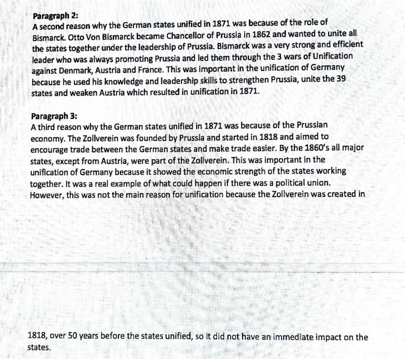 www
Bismarck Essay
Question: To what extent was Prussian military strength the reason for the unification of
German states in 1871?
Introduc