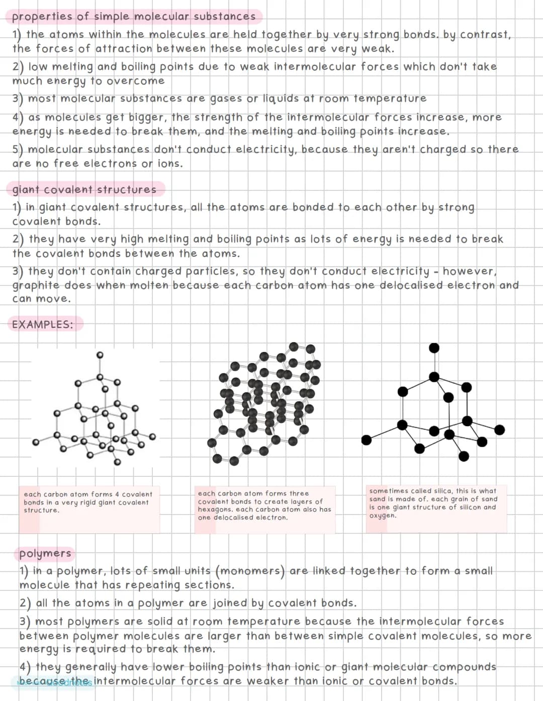 ionic compounds
regular lattice structure
1) ionic compounds have a structure called an ionic lattice.
2) the ions form a closely packed reg