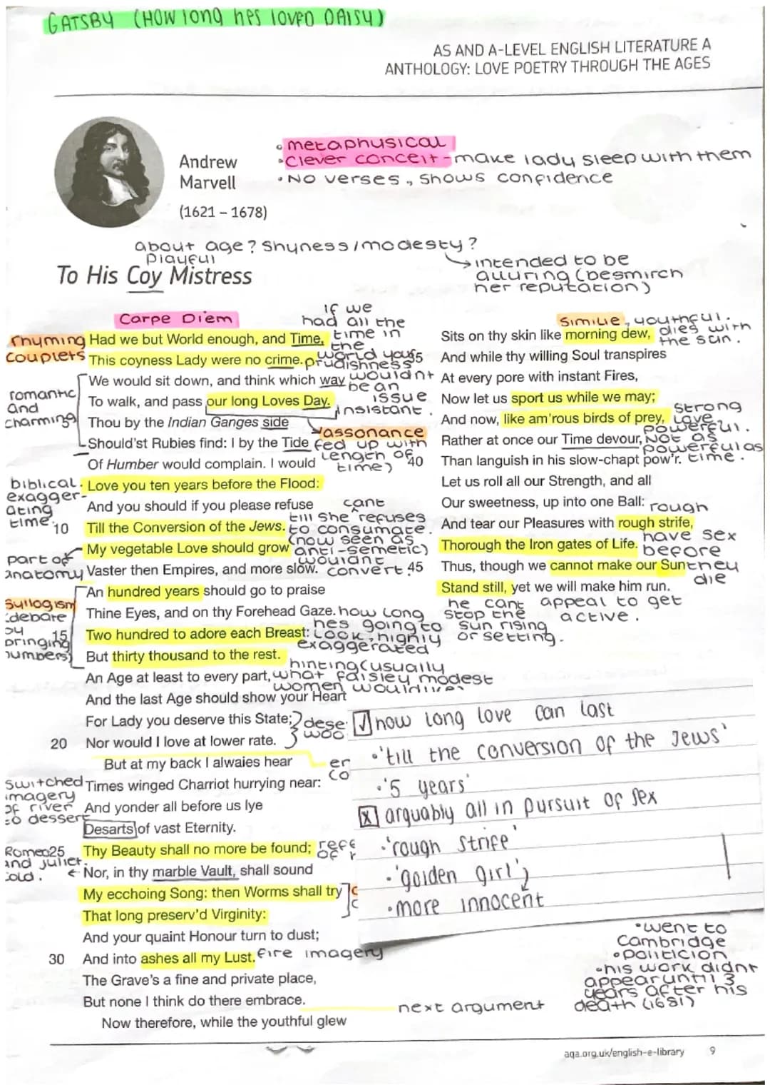 GATSBY (HOW long his lover DAISY)
54
Syllogism
debare
(1621-1678)
about age?
Playful
To His Coy Mistress
3
Carpe Diem
the
If we
had all the
