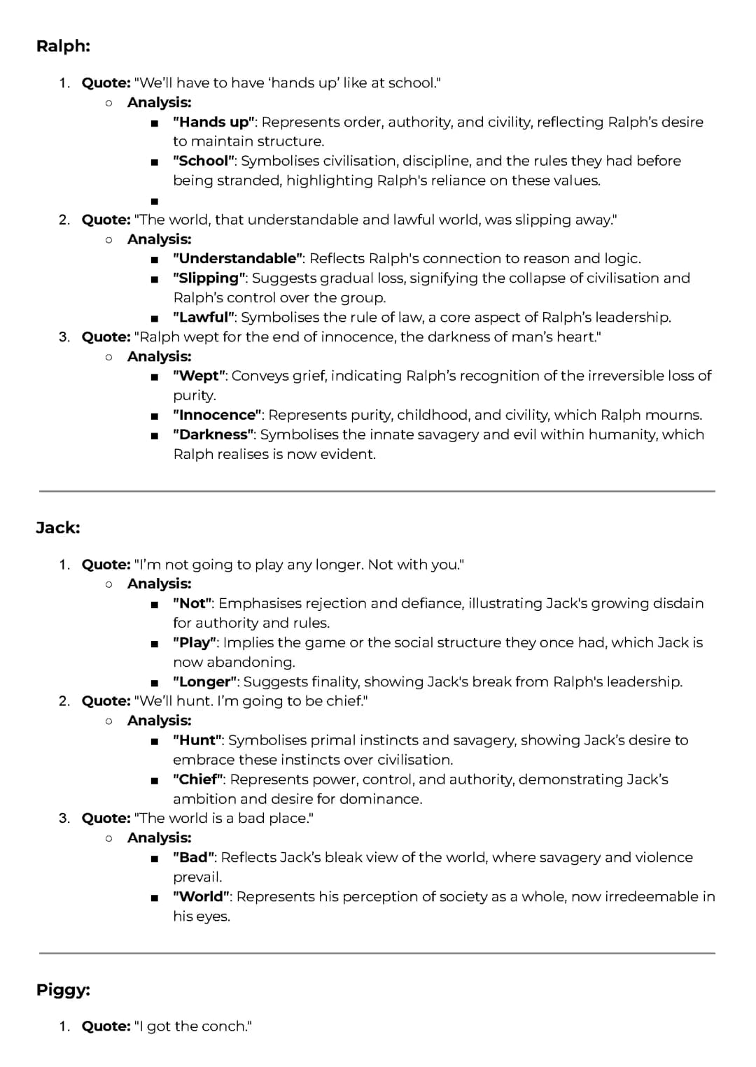 Full character and theme quote analysis of Lord of the flies 