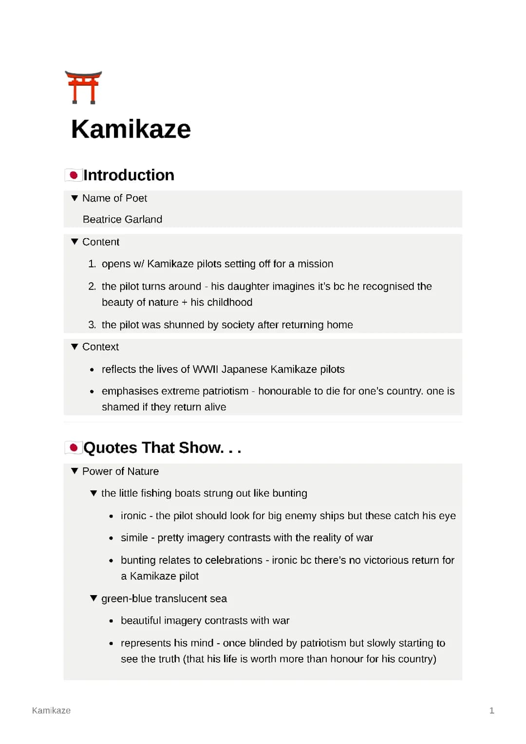 GCSE Kamikaze Poem Themes Analysis PDF: Summary, Structure, Quotes & More