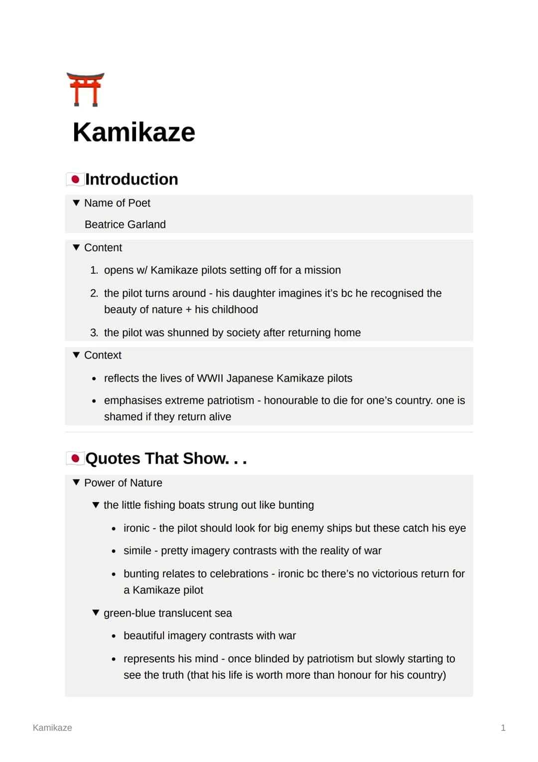 Ħ
Kamikaze
Kamikaze
Introduction
▼ Name of Poet
Beatrice Garland
▼ Content
1. opens w/ Kamikaze pilots setting off for a mission
2. the pilo