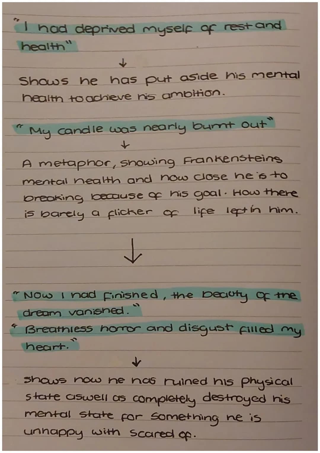 "I had deprived myself of rest and
health"
↓
Shows he has put aside his mental
health to achieve his ambition.
My candle was nearly burt out