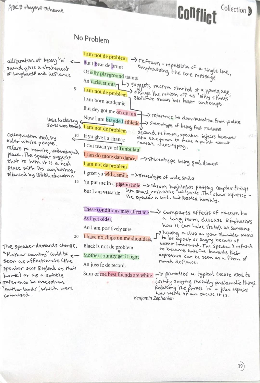 ABCD rhyme scheme

No Problem

Conflict
CollectionB
I am not de problem refrain-repetition of a single line,
alliteration of heary 'b' <- Bu