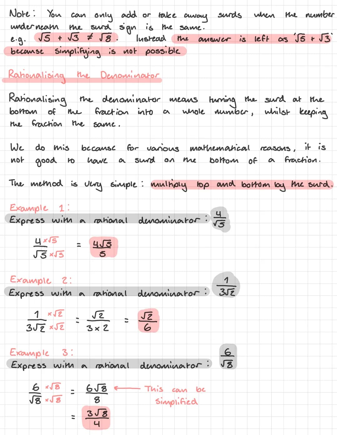 A surd is
an
have
e.g. √2
and √25 = 5
have
Rules:
an
√a x √b = Jab
= 15 x 2
: 30
Nat S Maths Revision
Surds
square root (or cube root etc.) 