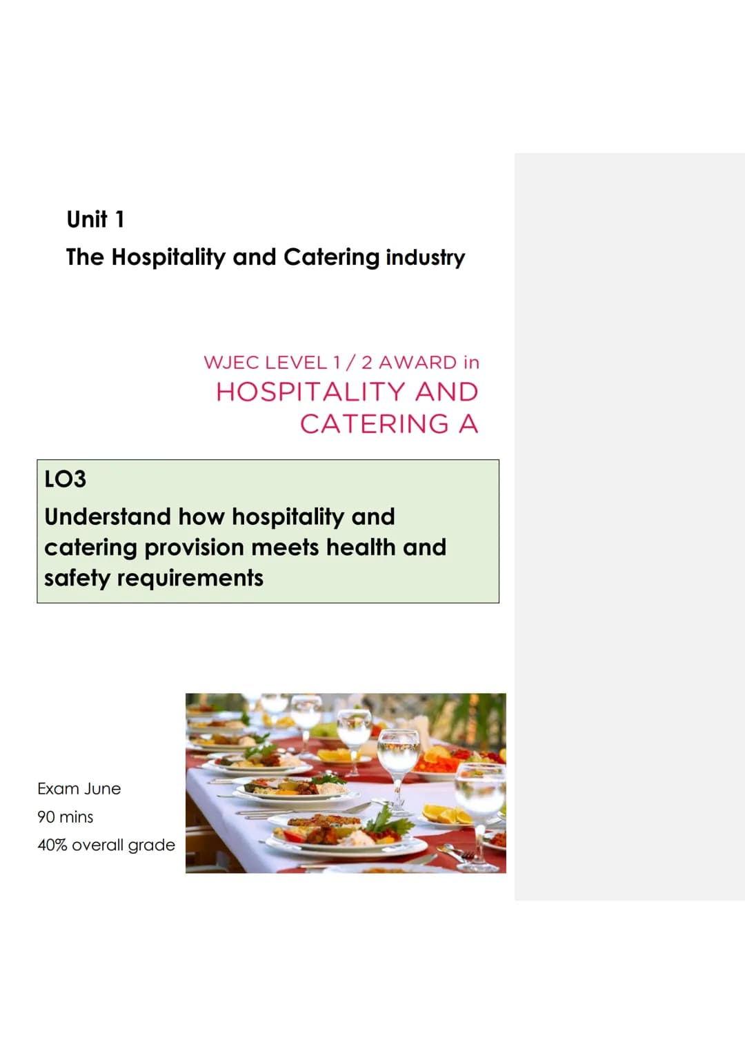 Unit 1
The Hospitality and Catering industry
LO3
WJEC LEVEL 1/2 AWARD in
HOSPITALITY AND
CATERING A
Understand how hospitality and
catering 