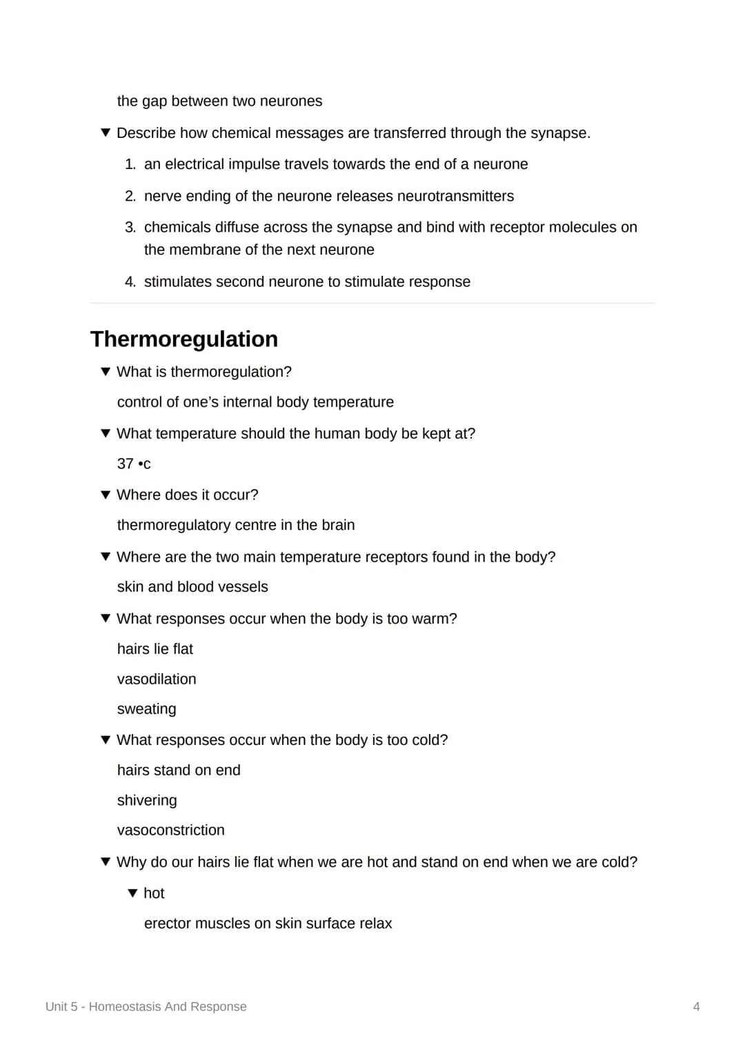 Unit 5 - Homeostasis And
Response
4.5.1 Homeostasis
▾ What is homeostasis?
control of internal conditions of a cell or organism to maintain 