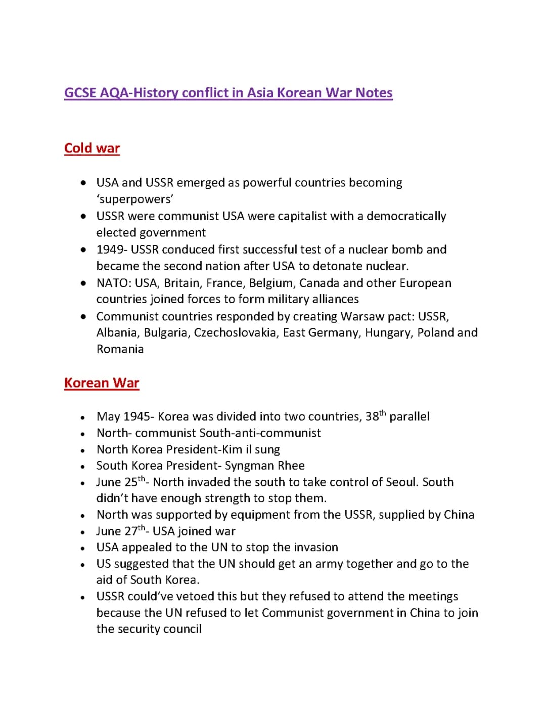 GCSE AQA History Korean War Important Dates & Key Events PDF