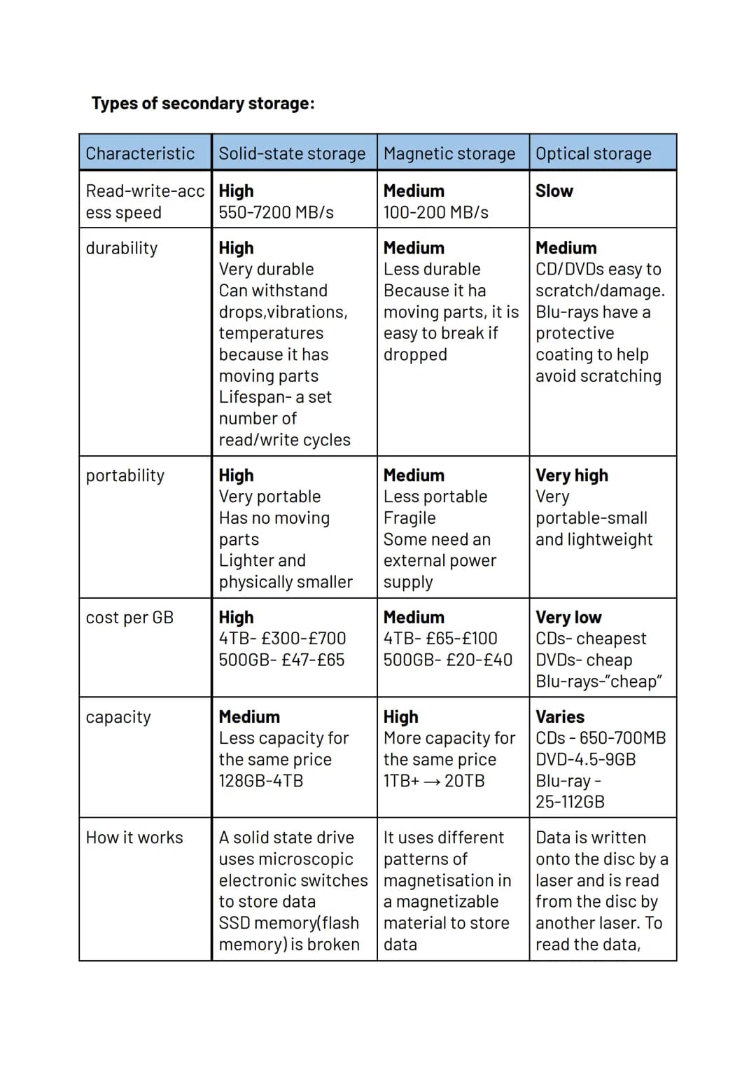 Computers
Topic 3
Storage devices:
Primary:
• Registers
• Cache
• RAM
• Hold data and instructions that are currently in use
• Volatile(when