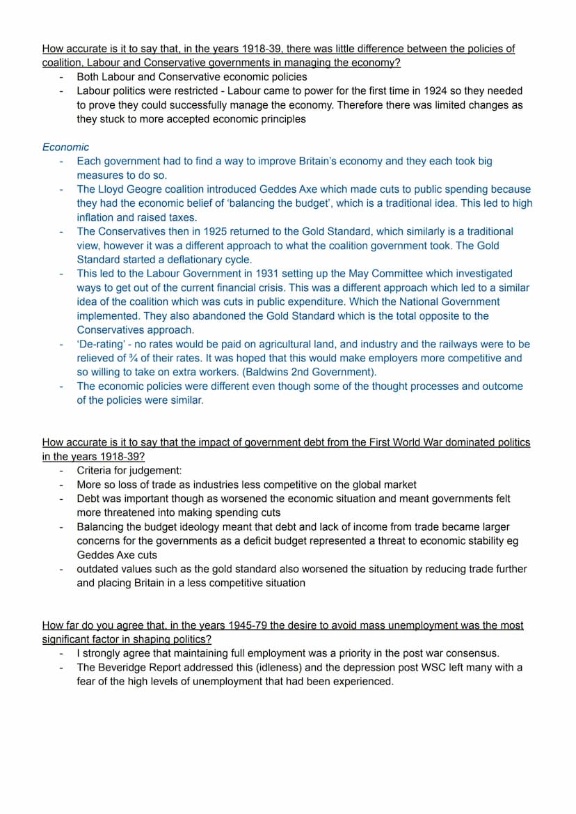 Theme One
How accurate is it to say that British governments of the period 1918-79 successfully managed Britain's
economy?
Criteria for judg