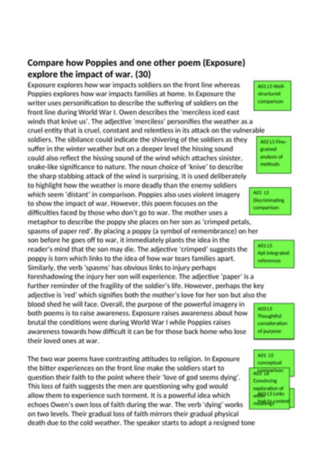 Compare how Poppies and one other poem (Exposure)
explore the impact of war. (30)
Exposure explores how war impacts soldiers on the front li