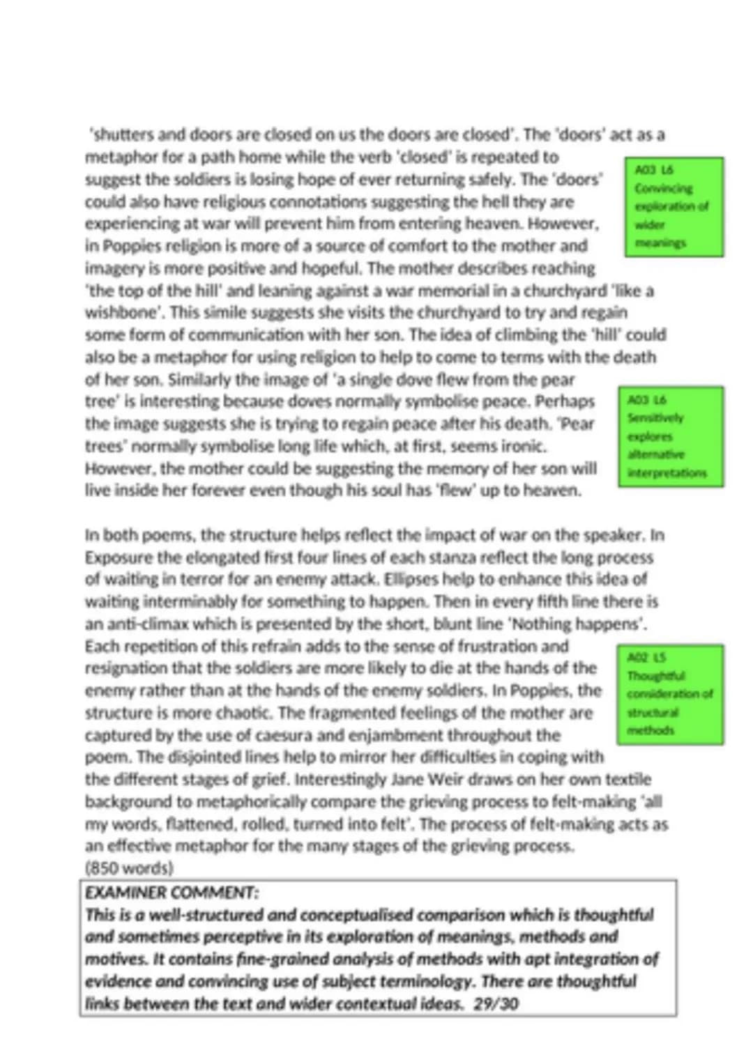 Compare how Poppies and one other poem (Exposure)
explore the impact of war. (30)
Exposure explores how war impacts soldiers on the front li