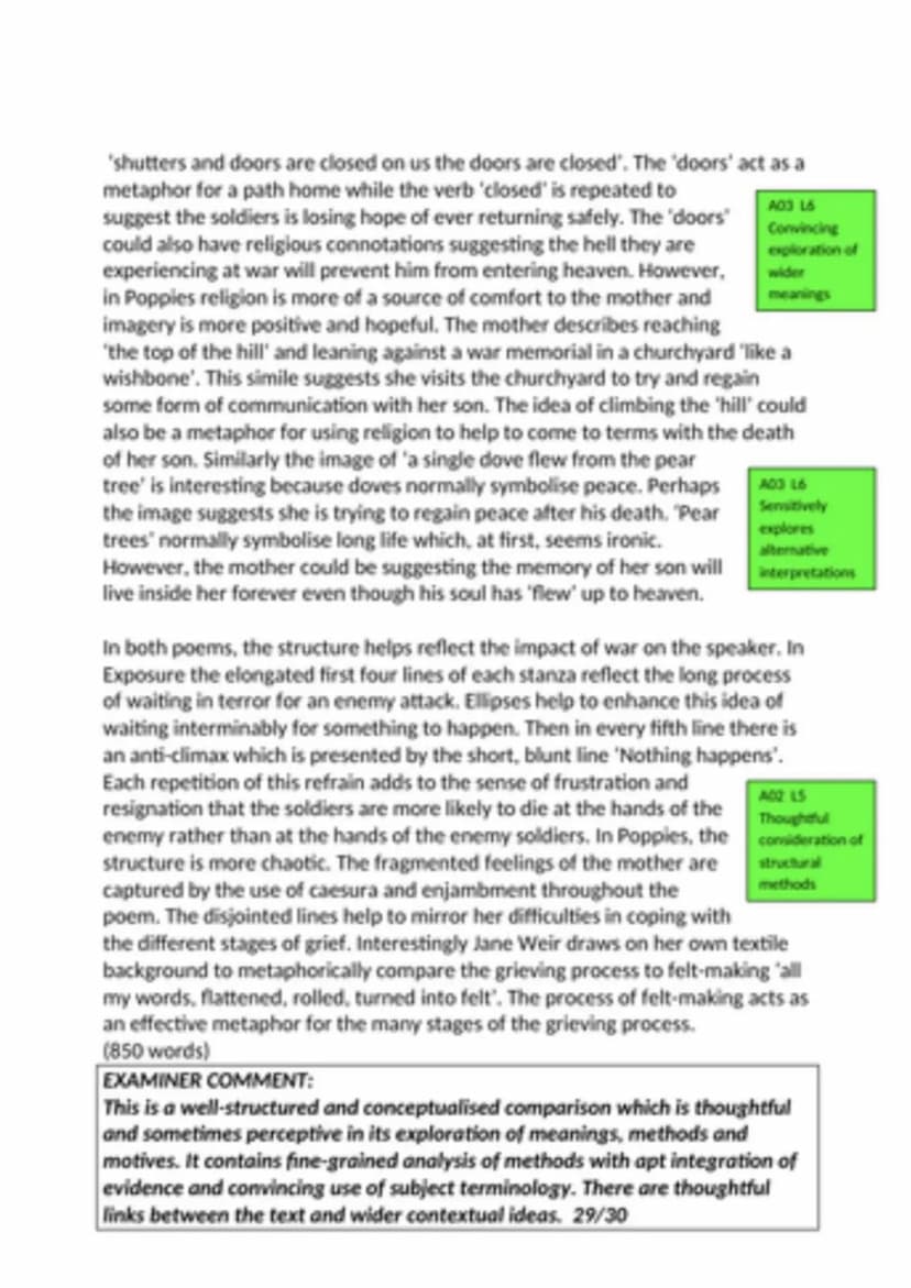 Compare how Poppies and one other poem (Exposure)
explore the impact of war. (30)
Exposure explores how war impacts soldiers on the front li