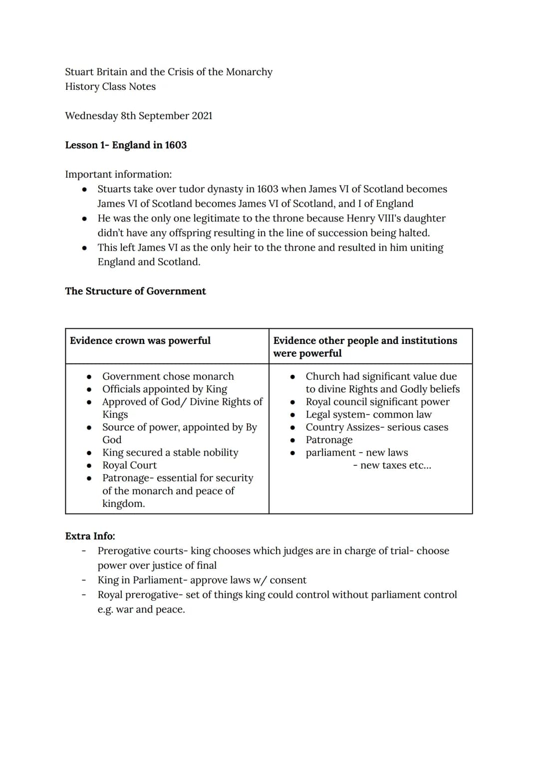 Stuart Britain and the Crisis of the Monarchy
History Class Notes
Wednesday 8th September 2021
Lesson 1- England in 1603
Important informati