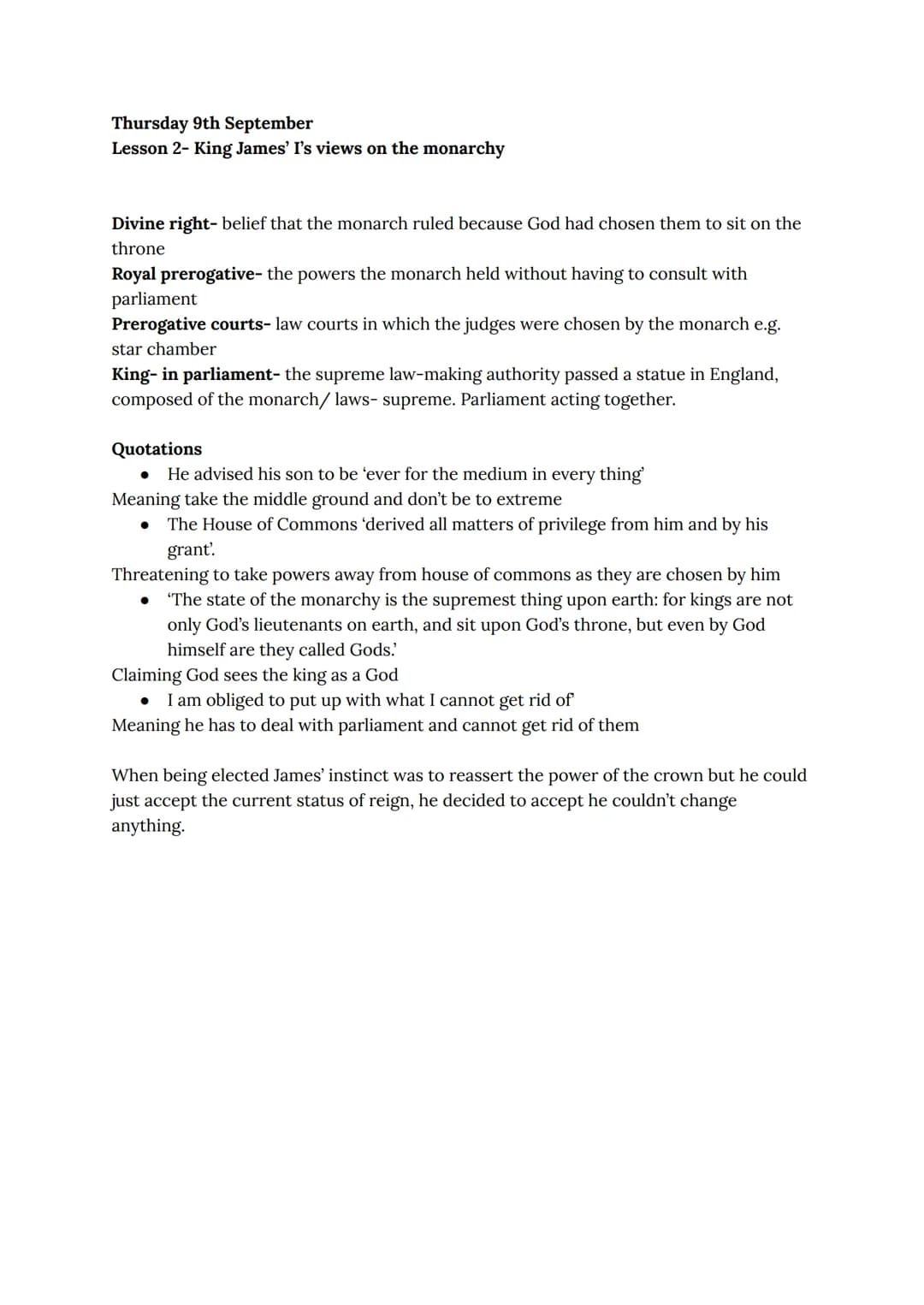 Stuart Britain and the Crisis of the Monarchy
History Class Notes
Wednesday 8th September 2021
Lesson 1- England in 1603
Important informati