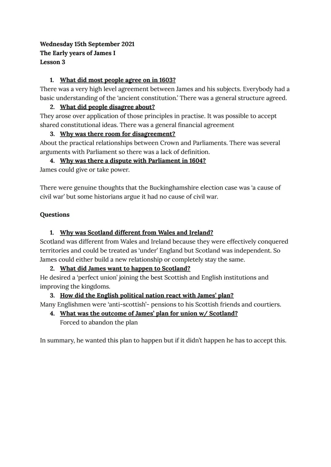 Stuart Britain and the Crisis of the Monarchy
History Class Notes
Wednesday 8th September 2021
Lesson 1- England in 1603
Important informati
