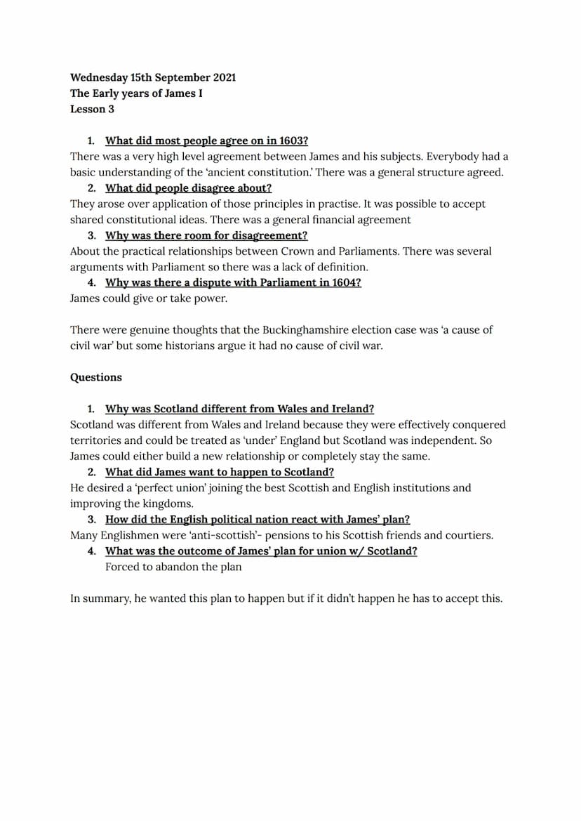 Stuart Britain and the Crisis of the Monarchy
History Class Notes
Wednesday 8th September 2021
Lesson 1- England in 1603
Important informati