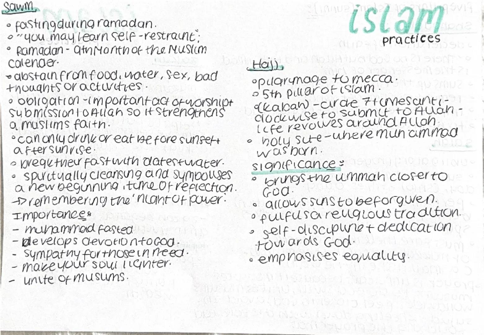 --- OCR Start ---
Festivals:
id-ul-Adha (end of Hajj)
- Festival of sacrifice
- Ibrahim's willingness to sacrifice his son.
Id-ul-Fitr (end 