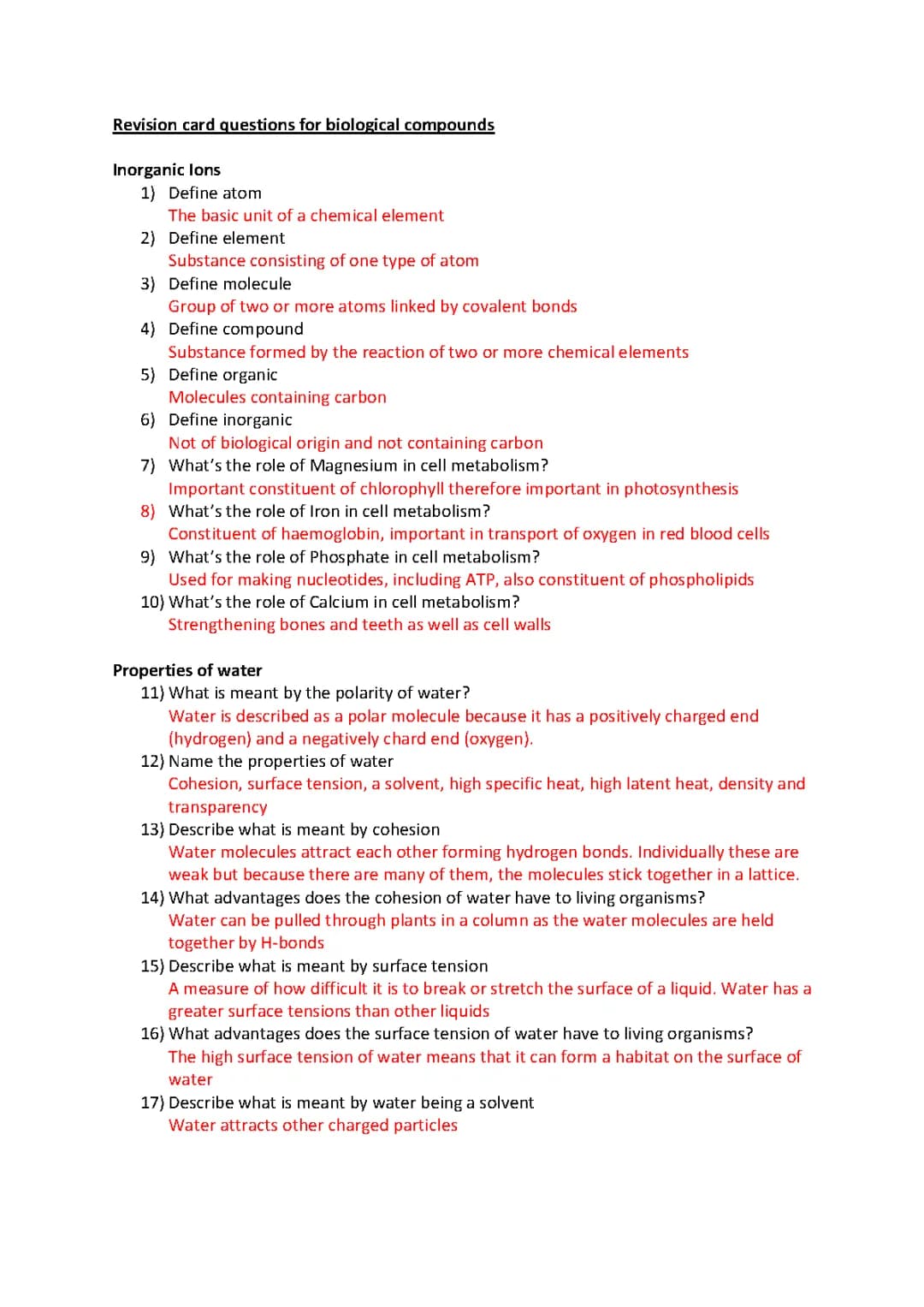 Biological Compounds Revision Questions