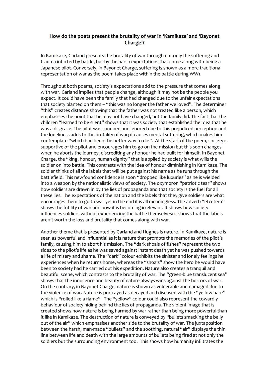 How do the poets present the brutality of war in ‘Kamikaze' and 'Bayonet
Charge'?
In Kamikaze, Garland presents the brutality of war through